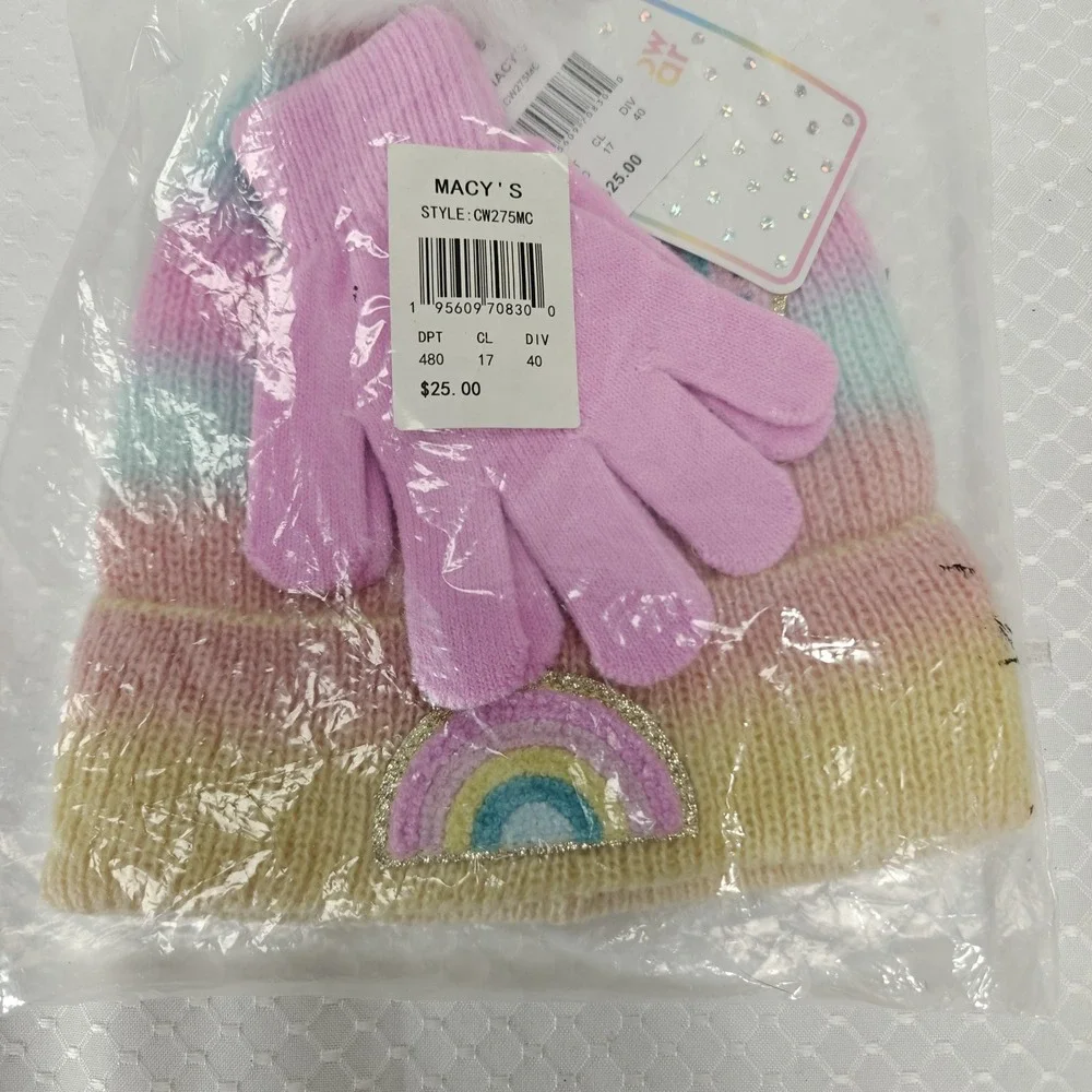 Macys Rainbow Sugar Girls Hat Glove‎ Set Rainbow PomPom Hat Pink Gloves NWT